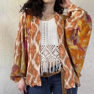 Anthropologie Orange Print Kimono One Size Boho Flare Sleeves Cover up